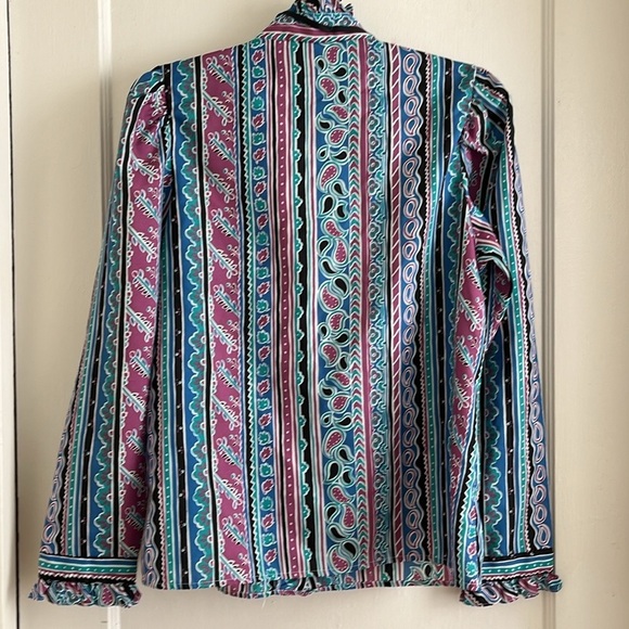 Cristin Stevens Vintage High Neck Lightweight Paisley Stripe Ruffle Blouse Top - Picture 4 of 14